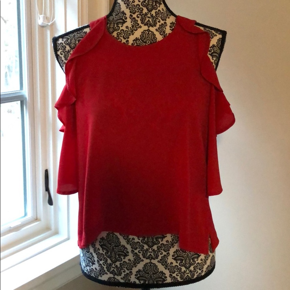 Top shop red cold shoulder elbow sleeve blouse.